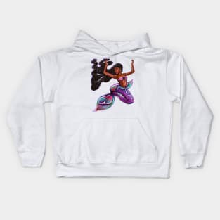 mermaid with flowing braids 2, brown eyes curly Afro hair and caramel brown skin. Black mermaid Kids Hoodie